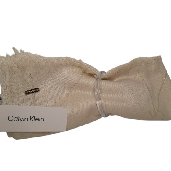 Calvin Klein Diagonal Metallic CK Logo Cream Scarf Wrap - Picture 3 of 8